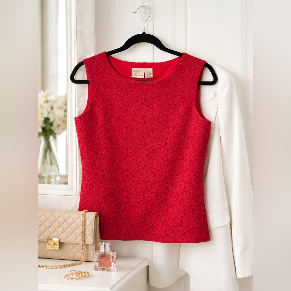 Modern Essentials Stylish Red Lace Sleeveless Blouse, size L